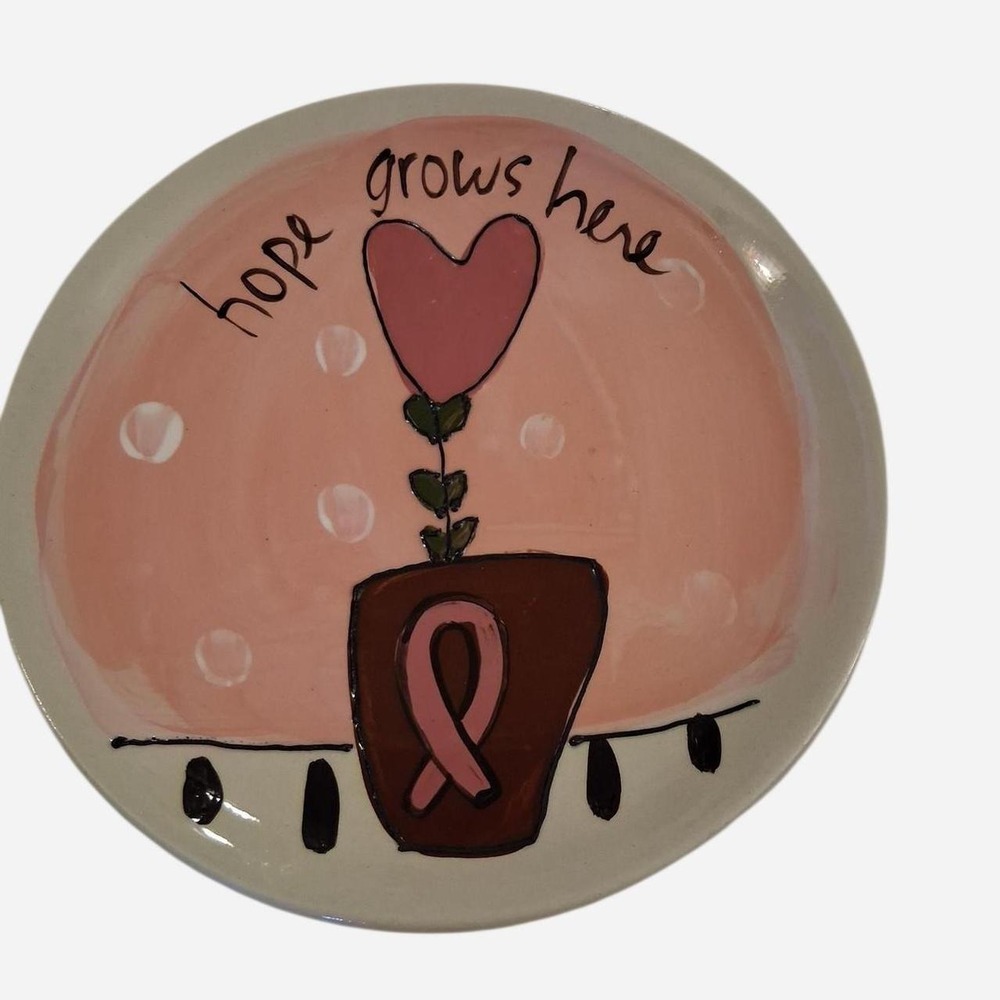 Cancer awareness ceramic plate with pink ribbon and heart design Hope Grows Here
